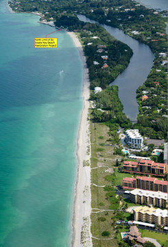 An aerial photo taken in July shows the northernmost limit of the south Siesta renourishment project area. Image courtesy Sarasota County