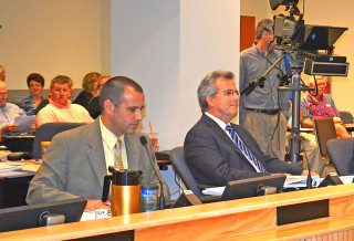 Acting Natural Resources Director Matt Osterhoudt, and Coastal Resources Manager Laird Wreford meet with the County Commission on June 30. Photo by Norman Schimmel