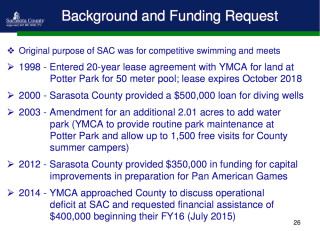 A slide presented to the County Commission provides historical details about the Sarasota Family YMCA’s Selby Aquatic Center in Potter Park. Image courtesy Sarasota County
