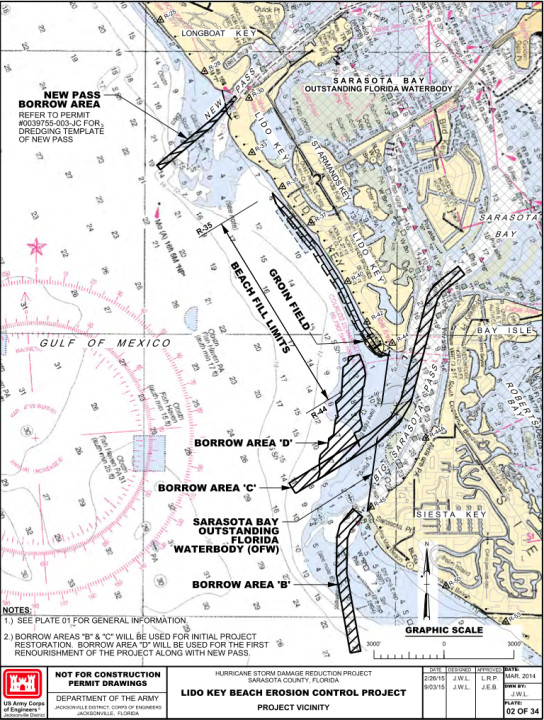 A graphic shows the borrow areas in Big Pass and the proposed groin field. Image courtesy Florida Department of Environmental Protection