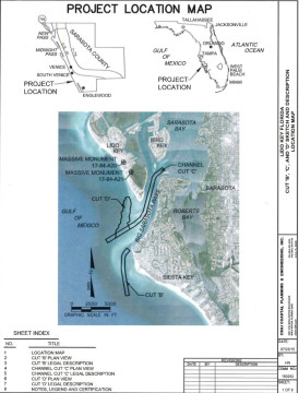 A U.S. Army Corps of Engineers graphic shows the location map for the dredging of Big Pass and placement of two groins on Lido Key. Image courtesy Florida Department of Environmental Protection
