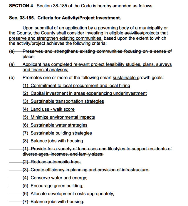 A section of the new Community Reinvestment Program ordinance shows added language (underlined) and strikeouts of the original language. Image courtesy Sarasota County