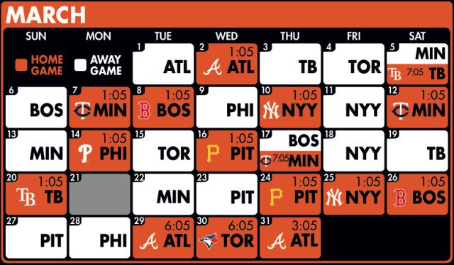 The 2016 Spring Training schedule for the Baltimore Orioles; white squares are away games. Photo courtesy of the Baltimore Orioles.
