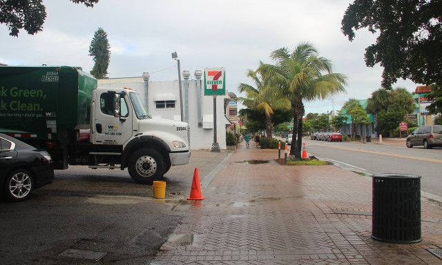 A traffic cone marks the spot where a light pole was removed in front of the 7-Eleven. Bollards stand in front of two palms (right). Rachel Hackney photo