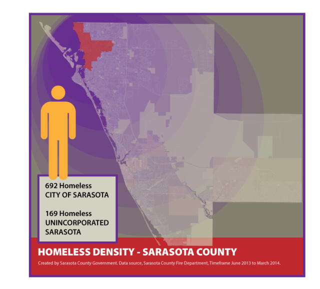 A 2014 graphic shows the density of the homeless population in the county. Image courtesy Sarasota County
