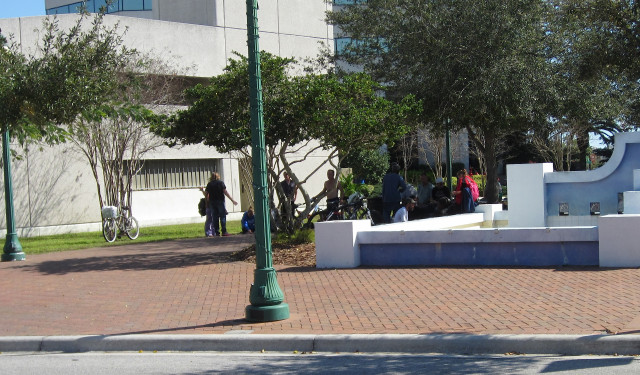 Homeless people gather in a downtown Sarasota park in early 2014. News Leader archive