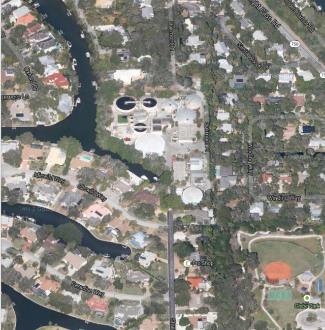 The Siesta Key sewer plant is near Glebe Park. Image from Google Maps