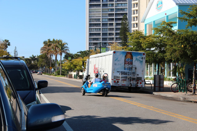 A beverage delivery truck is parked in the travel lane of Ocean Boulevard, next to Siesta Key Oyster Bar. File photo