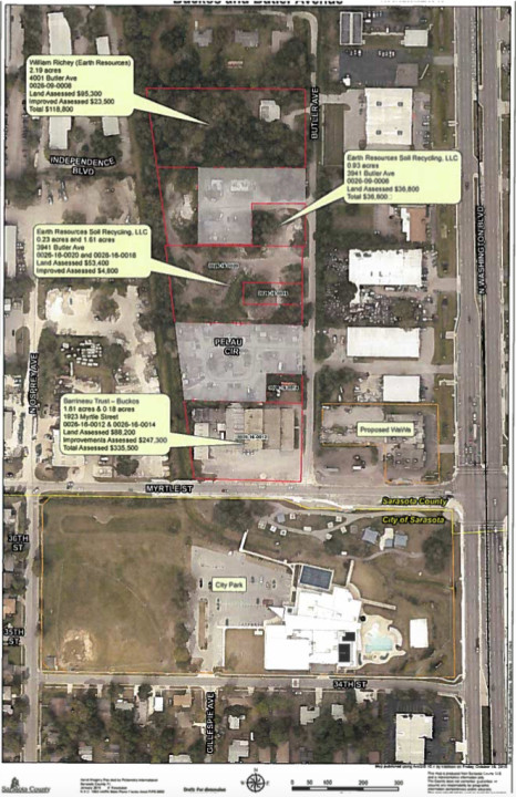 A graphic shows the three sites that are the focus of due diligence for a county homeless shelter. Image courtesy Sarasota County