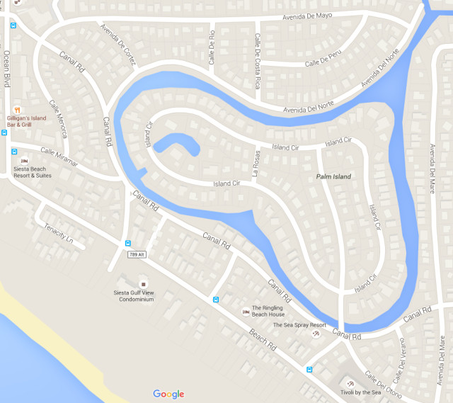 A map shows the area of Island Circle on Siesta Key. Image from Google Maps