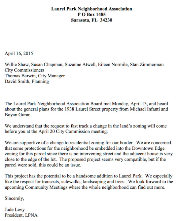 The Laurel Park Neighborhood Association sent this letter to the city in April. Image courtesy City of Sarasota