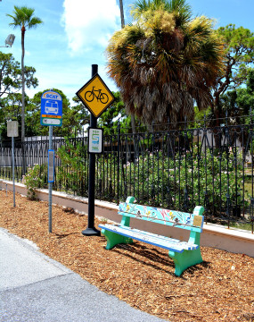 A painted SCAT bench sits on the Ringling College of Art + Design campus. File photo