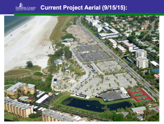 A Sept. 15 aerial view shows the stage of improvements at Siesta Key Beach. Image courtesy Sarasota County