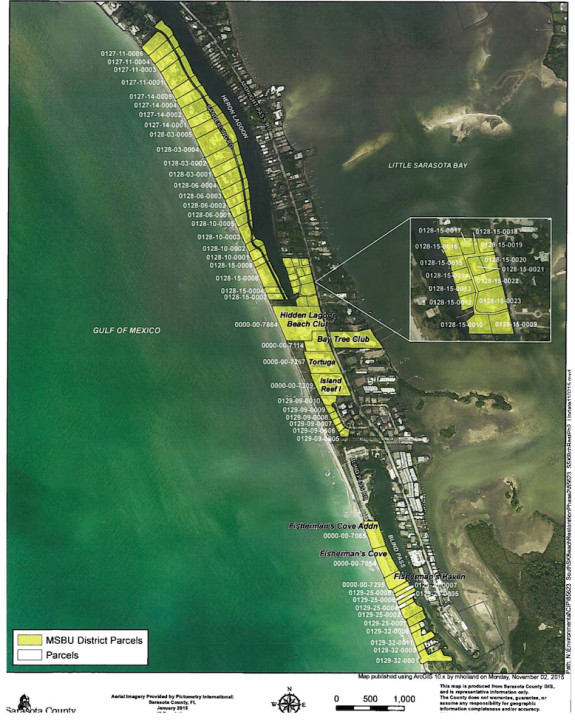 A graphic shows the properties that will be assessed to help pay for the South Siesta Key Beach renourishment project. Image courtesy Sarasota County