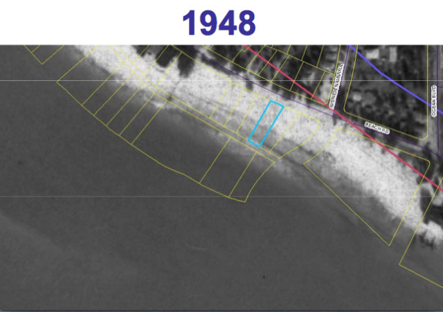 A county aerial map shows the 162 Beach Road parcel (outlined in blue) in 1948. Image courtesy Sarasota County