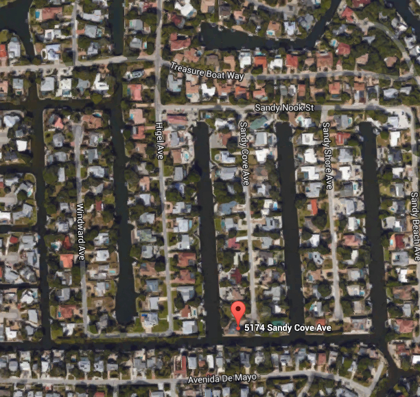 A red balloon marks the 5174 Sandy Cove Ave. residence. Image from Google Maps