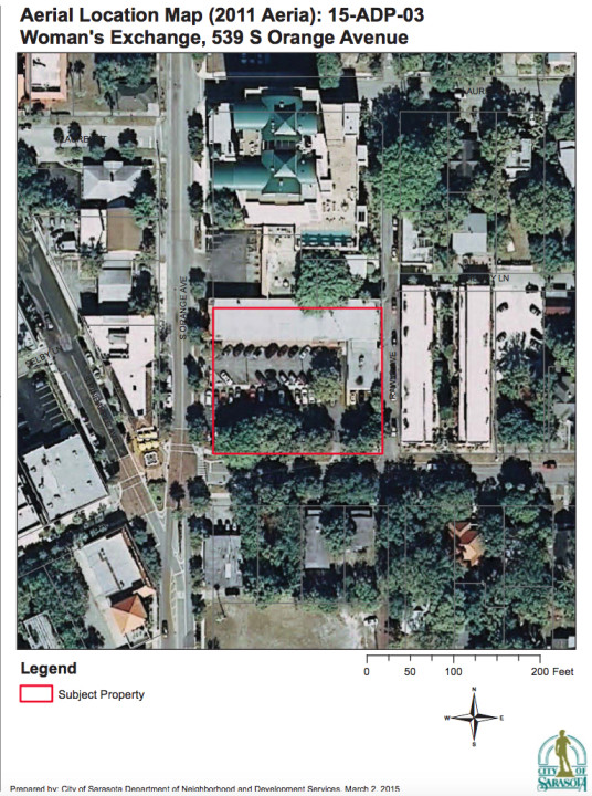 An aerial map shows the Woman's Exchange property. Image courtesy City of Sarasota 