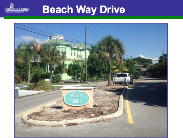 A county photo shows the entrance to Siesta Isles on Beach Way Drive. Image courtesy Sarasota County