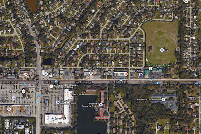 An aerial map shows a portion of Bee Ridge Road with the Dunn Drive intersection at far right. Image from Google Maps