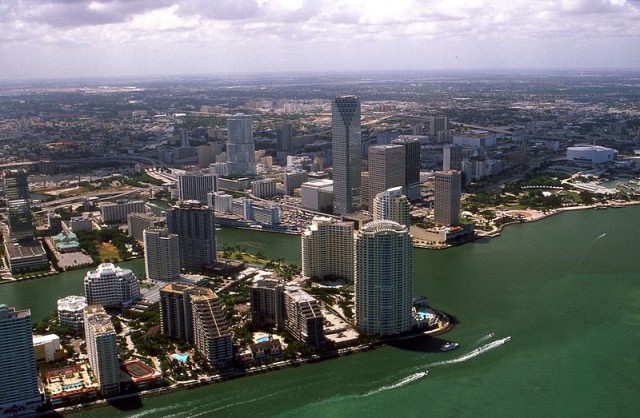An aerial view shows downtown Miami in 2002. Photo by Towpilot via Wikimedia