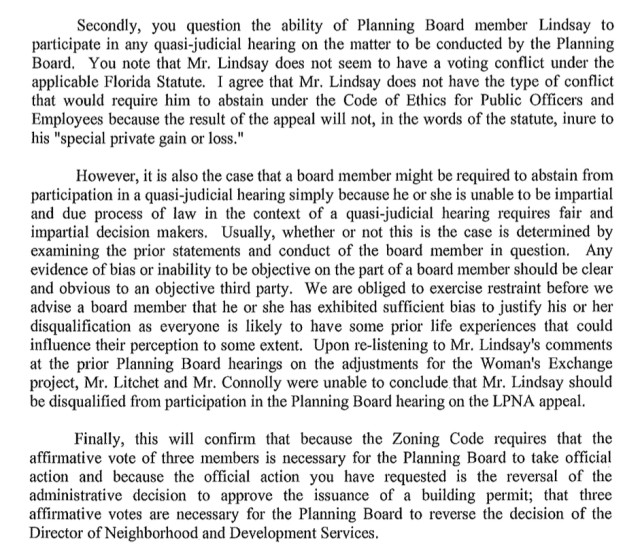 An excerpt from City Attorney Robert Fournier to the Laurel Park Association explains his part of his legal ruling regarding the appeal. Image courtesy City of Sarasota