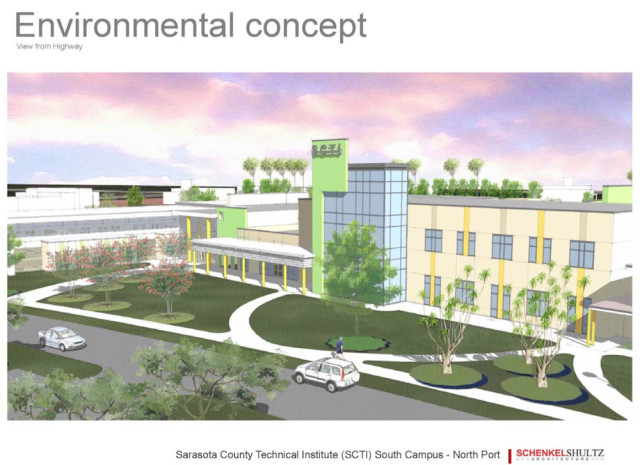 A February rendering shows a potential concept for the North Port Suncoast Technical College campus. Image courtesy Sarasota County Schools