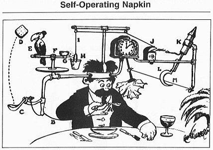 An old comic book image by Rube Goldberg shows Professor Lucifer Butts at work. Image via Wikimedia Commons