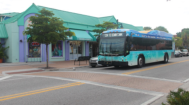 Although SCAT buses that serve Siesta Key have a 'wrap' that distinguishes them from other buses, Siesta businesses long have called for a trolley service. File photo