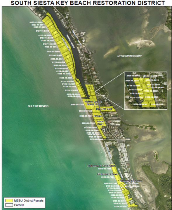 A graphic presented to the County Commission in December 2015 shows the properties that will be assessed for the renourishment project. Image courtesy Sarasota County
