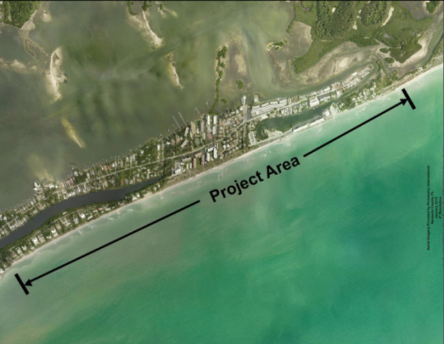 An aerial map shows the location of the South Siesta Renourishment Project. Image courtesy Sarasota County