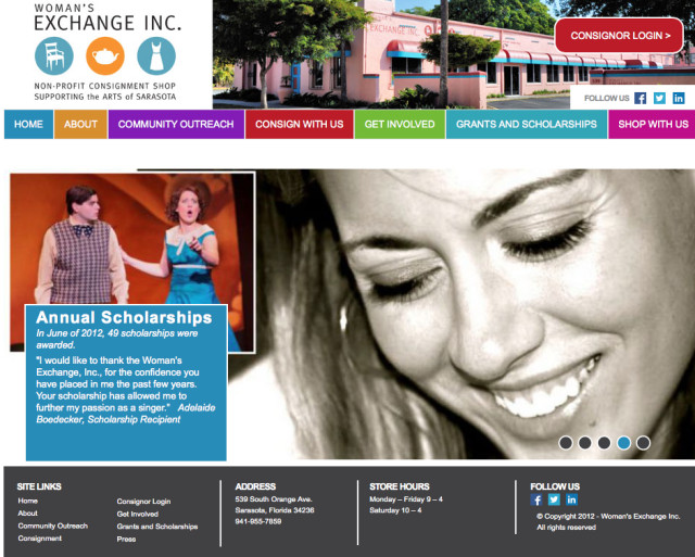 The homepage of the Woman's Exchange website points out its contributions to the arts. Image from the website