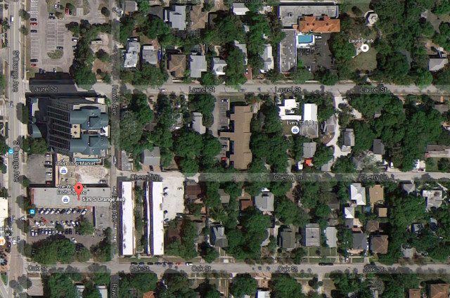 An aerial view shows the Laurel Park neighborhood adjacent to the Woman's Exchange. Image from Google Maps
