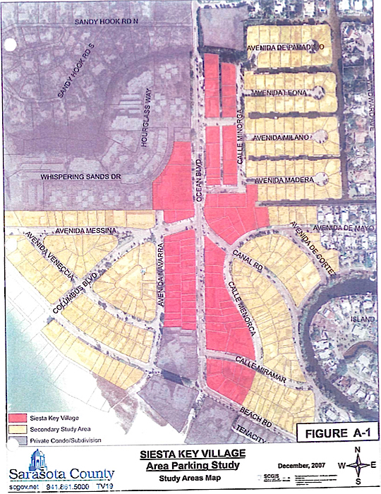 A graphic from the 2008 parking study shows spaces in and adjacent to the Village. Image courtesy Sarasota County