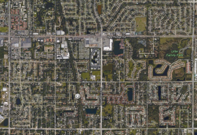An aerial map shows the intersection of Bee Ridge Road and Sawyer Road. Image from Google Maps