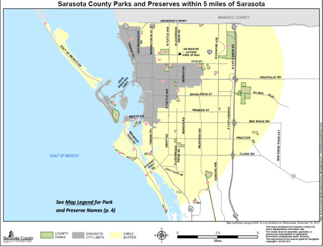 A map shows county parks and preserves within 5 miles of the City of Sarasota. Image courtesy Sarasota County