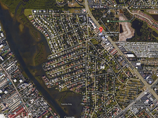 An aerial map shows the location of Encore Motorcars and Sarasota Memorial Park. Image from Google Maps