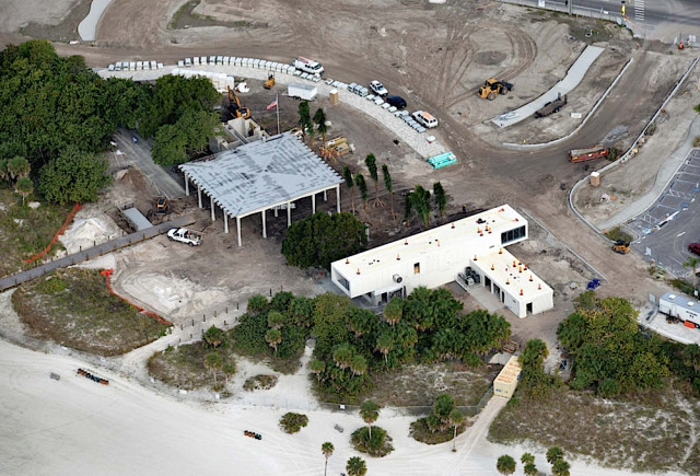 An aerial view taken in December shows the historic pavilion (left) and the new Public Safety Building during construction. Image courtesy Sarasota County