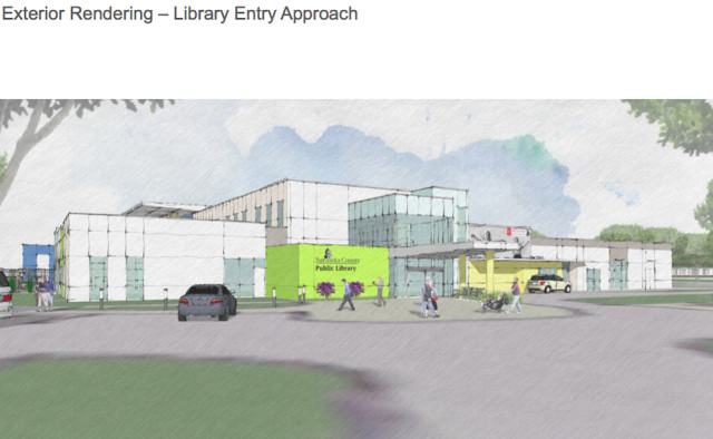 A rendering shows the side of the North Port STC with the new library. Image courtesy Sarasota County Schools