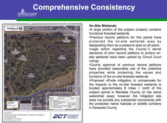 A graphic and section of the Comprehensive Plan explain staff's objection to destruction of the wetlands. Image courtesy Sarasota County