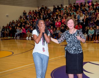 Khea Davis is surprised by Superintendent Lori White. Contributed photo by Cliff Roles