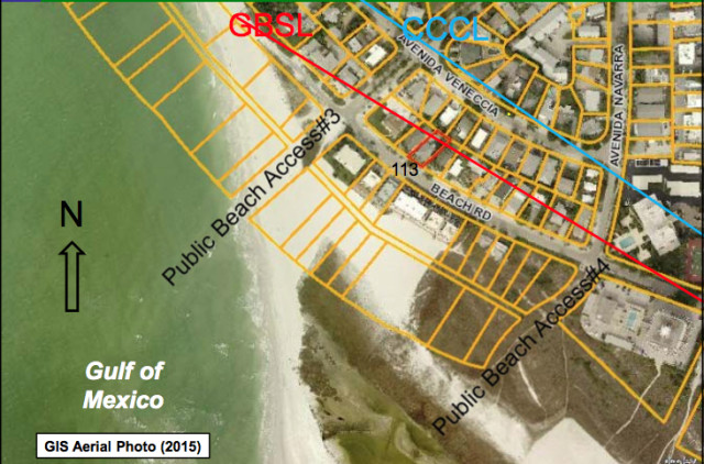 A graphic shows the location of the 113 Beach Road parcel on north Siesta Key in September 2015. Image courtesy Sarasota County