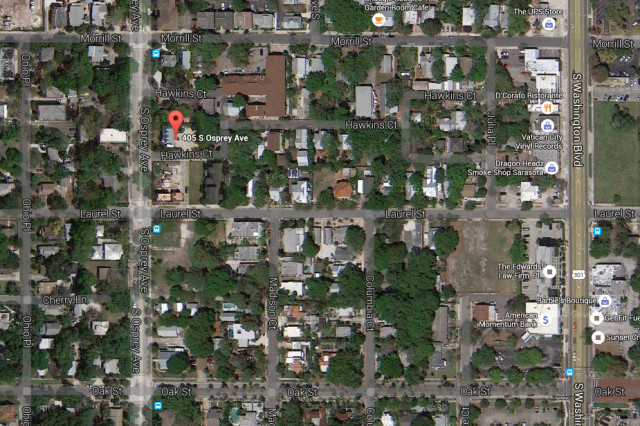 An aerial map shows the location of the house in downtown Sarasota. Image from Google Maps