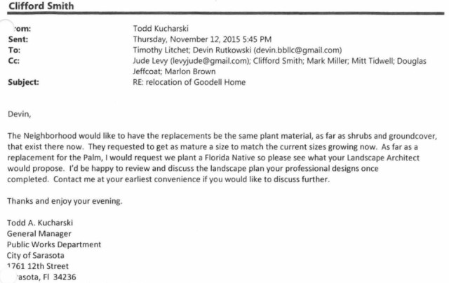 City staff wrote this email to the previous co-owner of the house. Image courtesy City of Sarasota