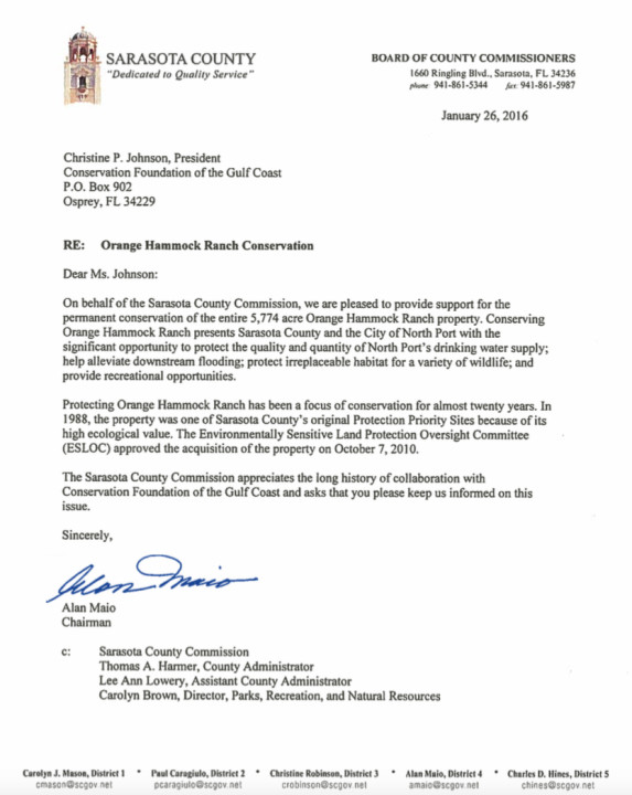 The County Commission sent this letter to the Conservation Foundation. Image courtesy Sarasota County
