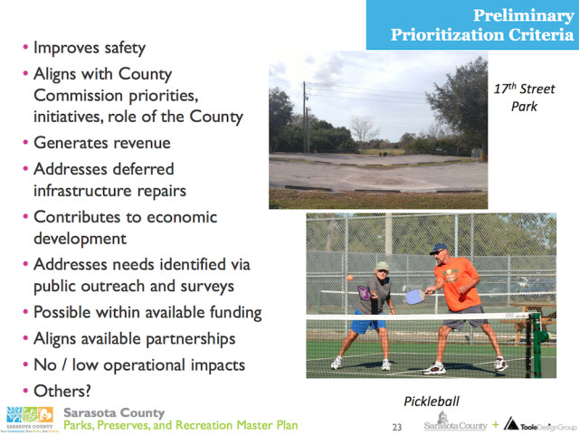 A slide proposes criteria that could be considered in terms of funding allocation priorities. Image courtesy Sarasota County
