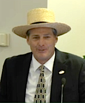 County Planning and Development Services Director Tom Polk donned an Amish-style hat to introduce the Feb. 17 presentation. News Leader photo
