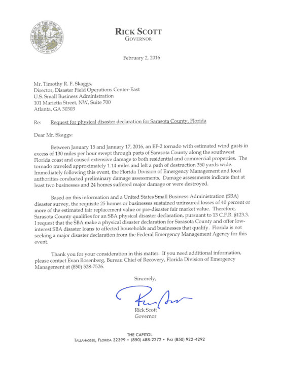 Gov. Scott's letter to the SBA is dated Feb. 2. Image courtesy Sarasota County