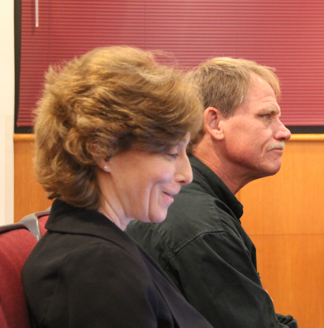 Parks, Recreation and Natural Resources Director Carolyn Brown and department Manager George Tatge await the start of a County Commission discussion on March 23. Rachel Hackney photo