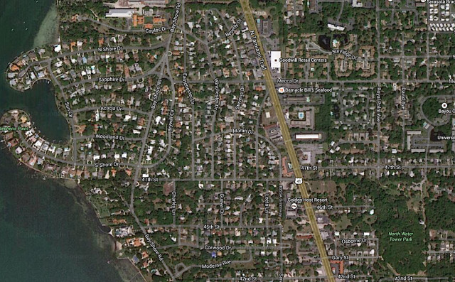 An aerial map shows a section of North Tamiami Trail in Sarasota. Image from Google Maps