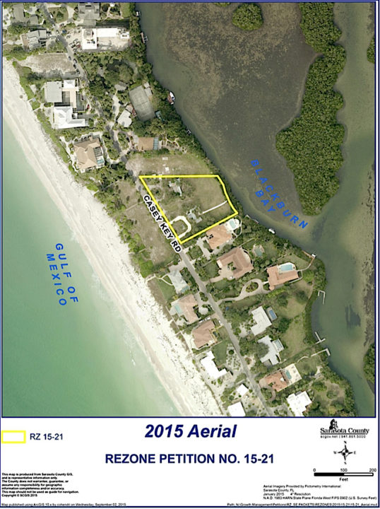 An aerial view shows the property at 3000 Casey Key Road. Image courtesy Sarasota County